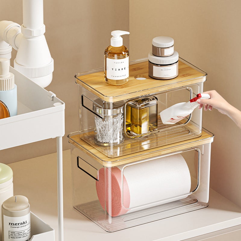 Transparent Garbage Bag Storage Box, Household Simple Large-Capacity Bamboo Lid Storage Box, Plastic Double-Handle, Direct From Manufacturer - Image 4